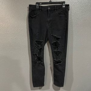 American Eagle Distressed Next Level Stretch Hi Rise Black Jeggings 14 Short